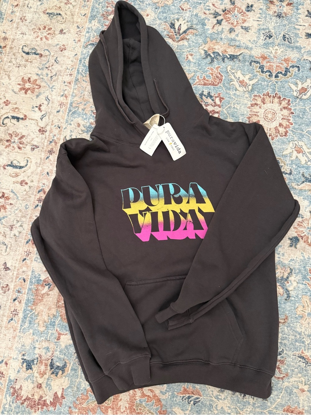 Pura Vida Black Hoodie with Rainbow Ombre Logo Small NWT